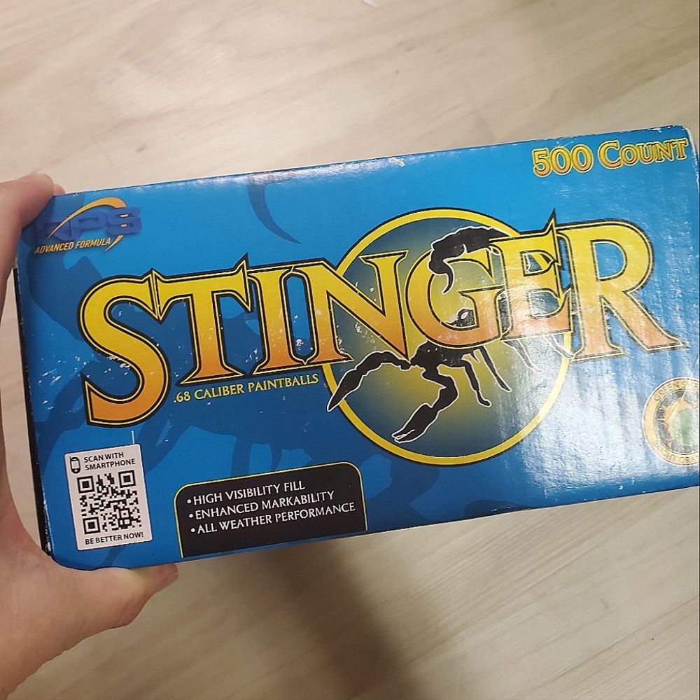 Stinger box of .68 caliber paintballs